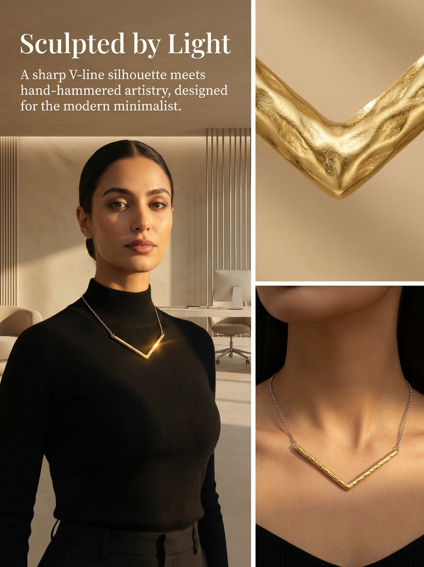 V-shaped hammered two-tone spliced clavicle chain