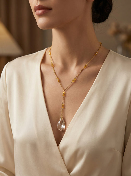 Gold Double-layer Thin Chain Waterdrop Crystal Long Necklace